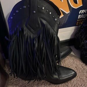 Black Fringe Western Boots - Women
